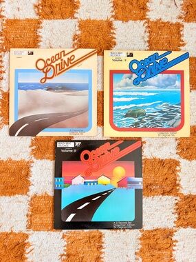 Set of 3 Ocean Drive Vinyl Record Set Retro  Vintage Beach Wave Cover Art Music